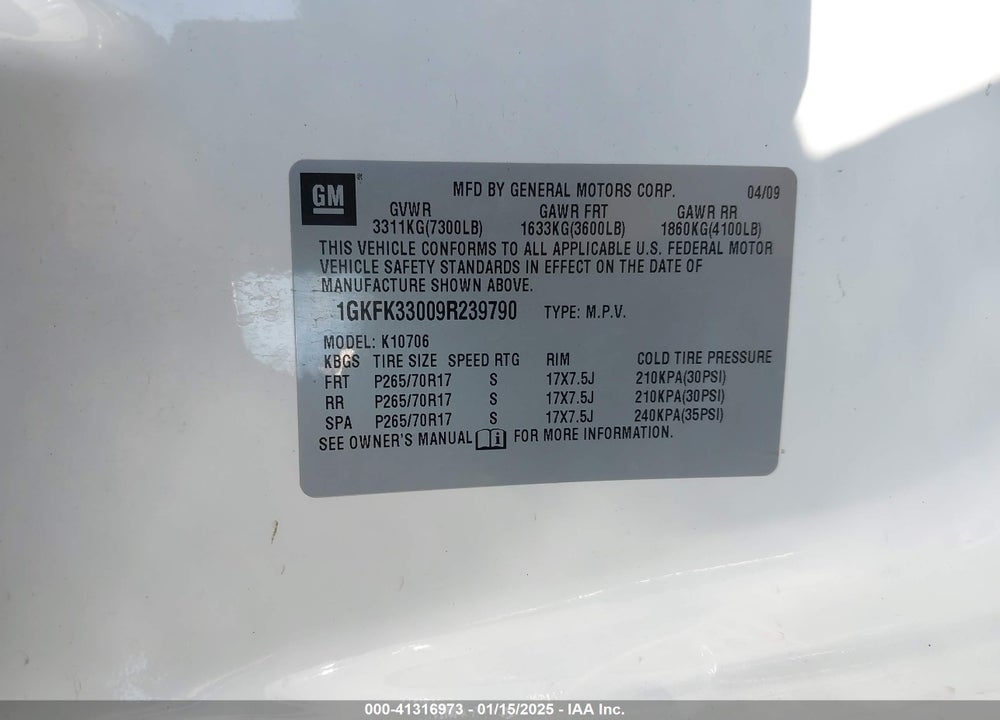 2009 GMC YUKON SLT2 VIN: 1GKFK33009R239790