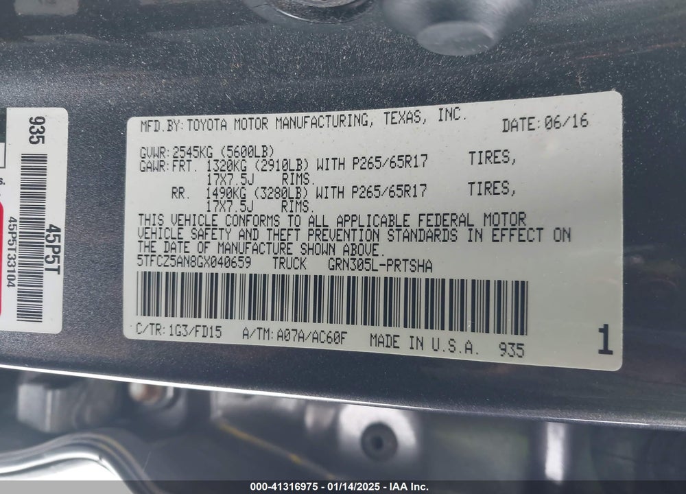 2016 TOYOTA TACOMA VIN: 5TFCZ5AN8GX040659