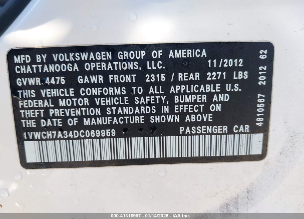 2013 VOLKSWAGEN PASSAT VIN: 1VWCH7A34DC069959