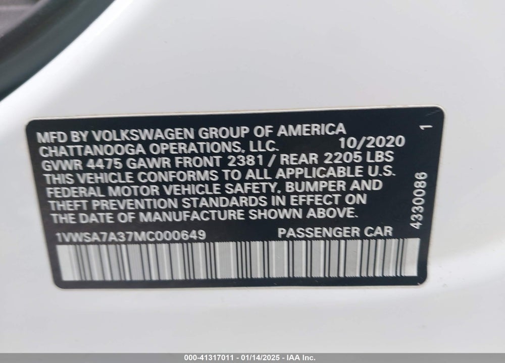 2021 VOLKSWAGEN PASSAT VIN: 1VWSA7A37MC000649