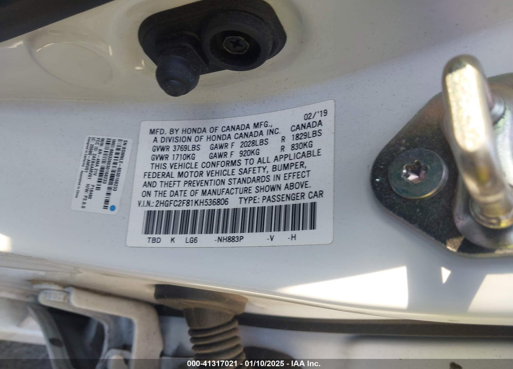 2019 HONDA CIVIC SPORT VIN: 2HGFC2F81KH536806