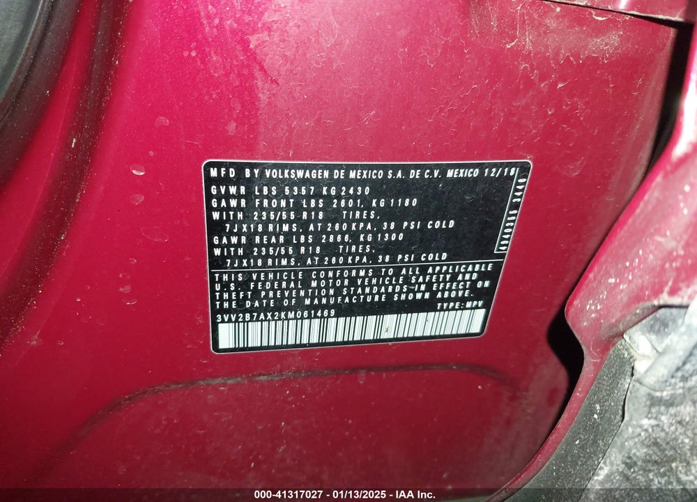 2019 VOLKSWAGEN TIGUAN 2.0T SE/2.0T SEL/2.0T SEL R-LINE/2.0T SEL R-LINE BLACK VIN: 3VV2B7AX2KM061469