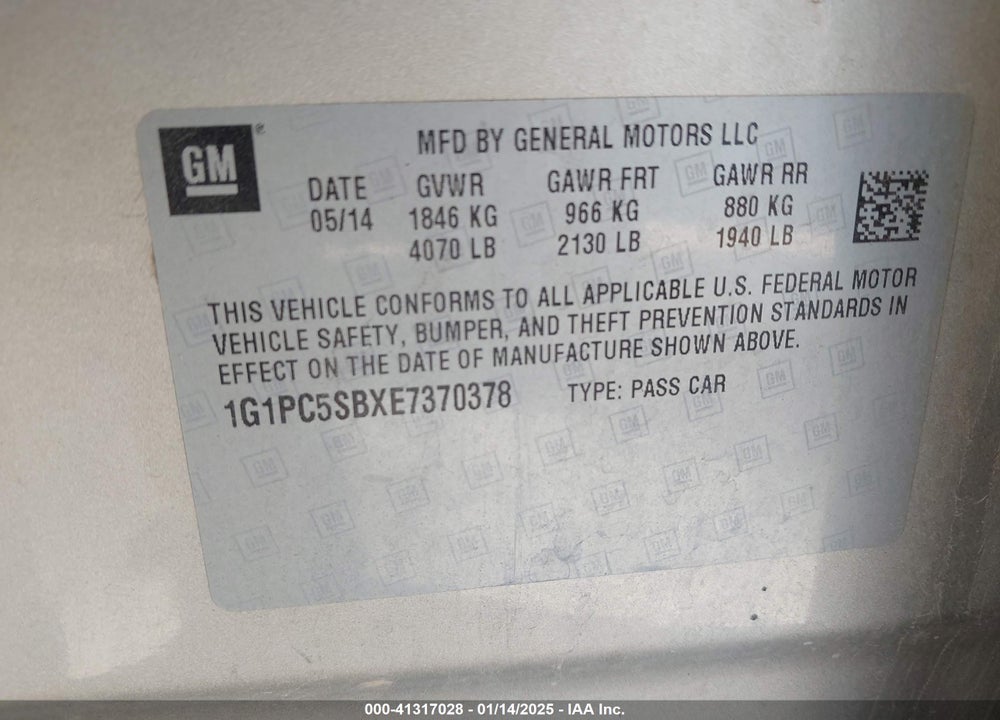 2014 CHEVROLET CRUZE VIN: 1G1PC5SBXE7370378