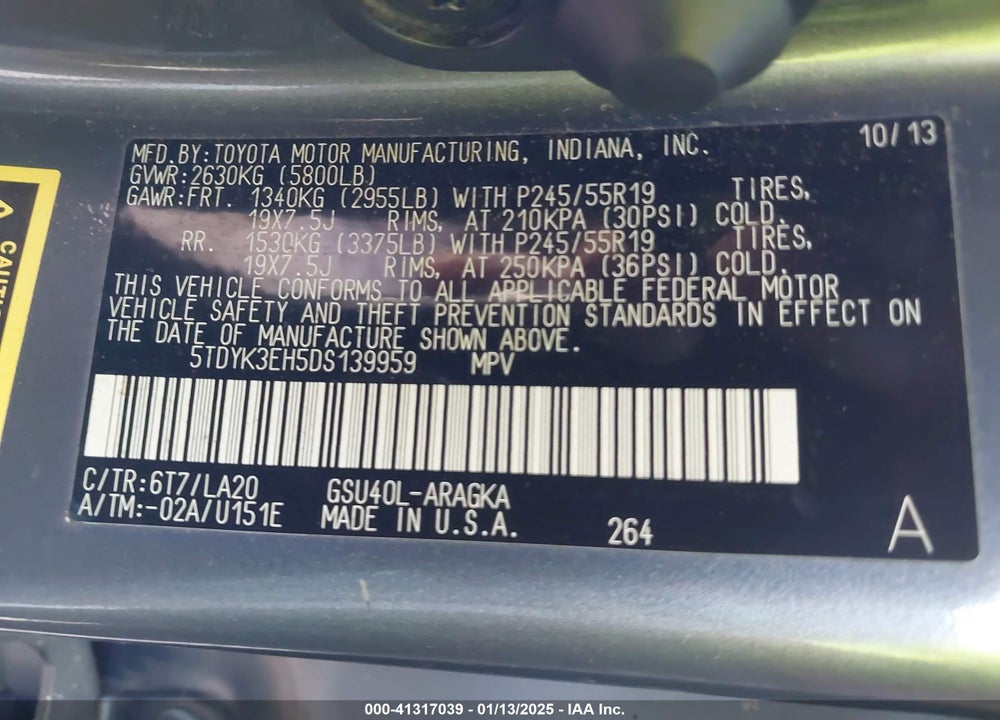 2013 TOYOTA HIGHLANDER LIMITED V6 VIN: 5TDYK3EH5DS139959