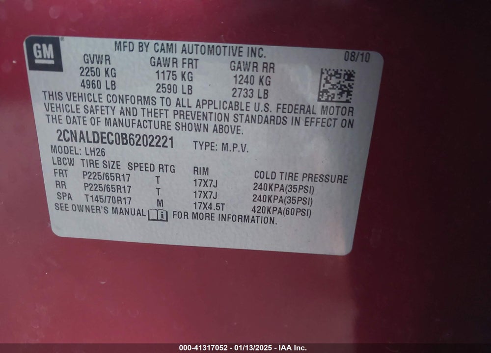 2011 CHEVROLET EQUINOX 1LT VIN: 2CNALDEC0B6202221