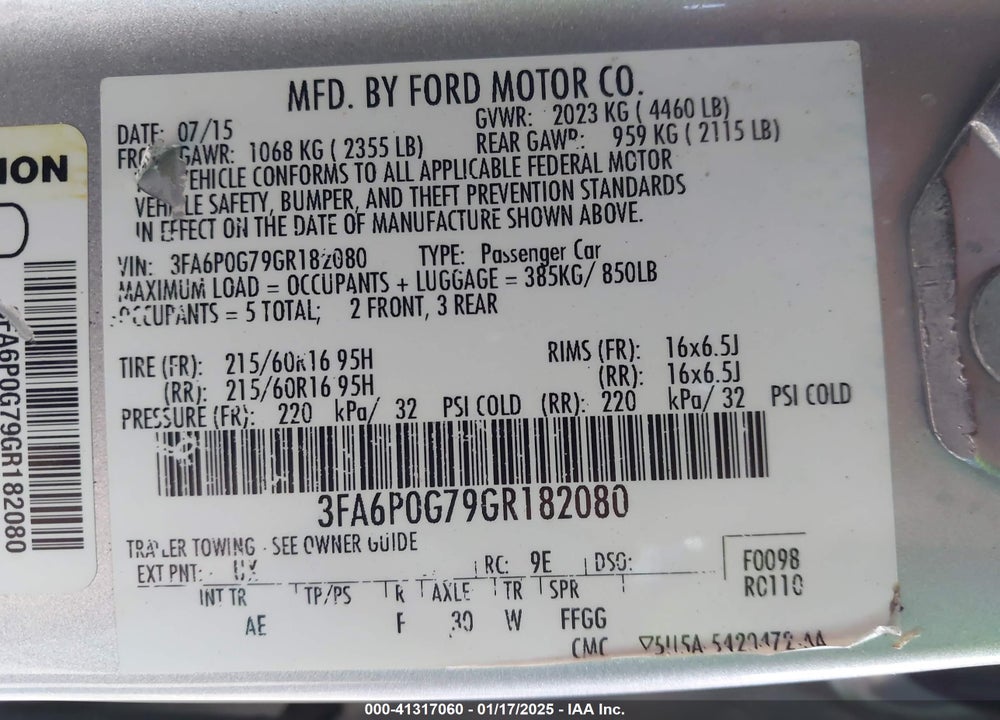 2016 FORD FUSION VIN: 3FA6P0G79GR182080