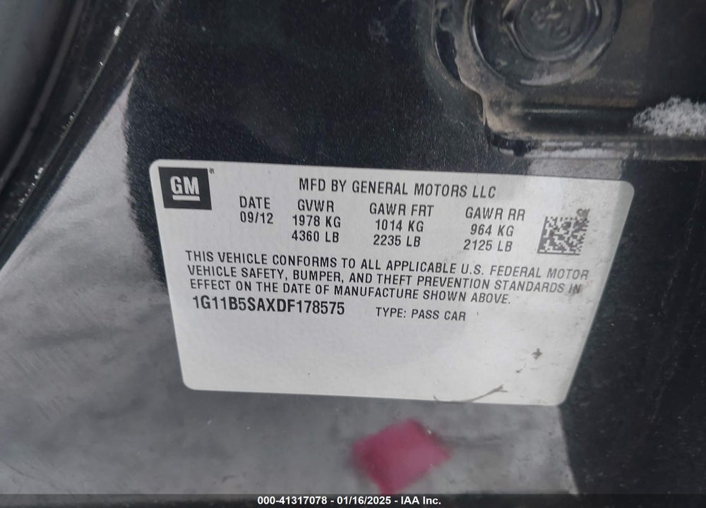 2013 CHEVROLET MALIBU VIN: 1G11B5SAXDF178575