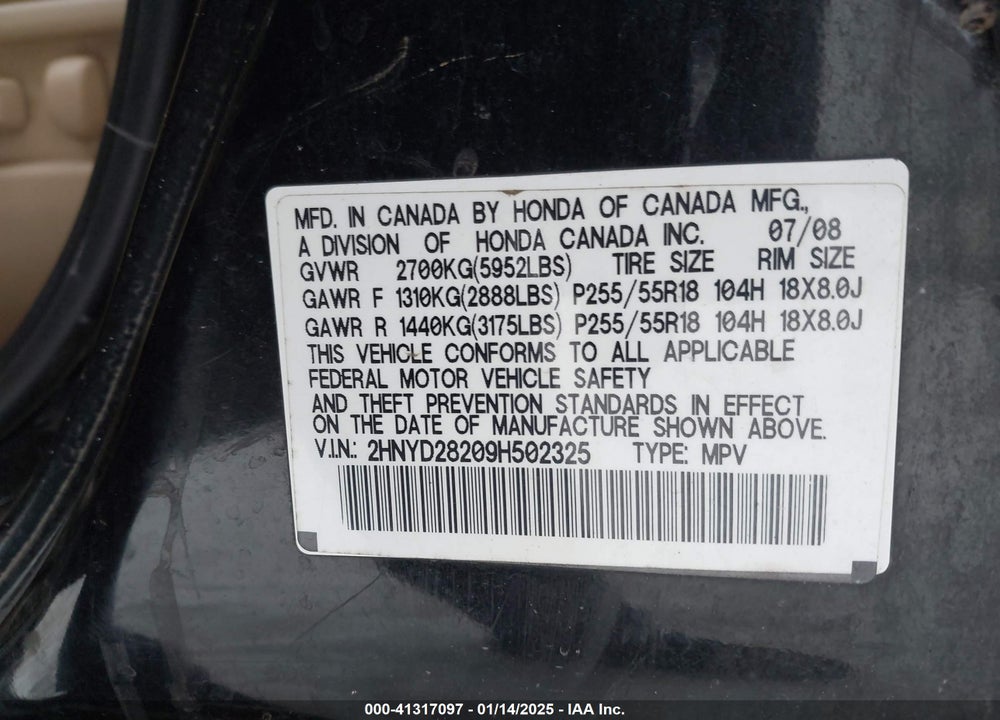 2009 ACURA MDX VIN: 2HNYD28209H502325