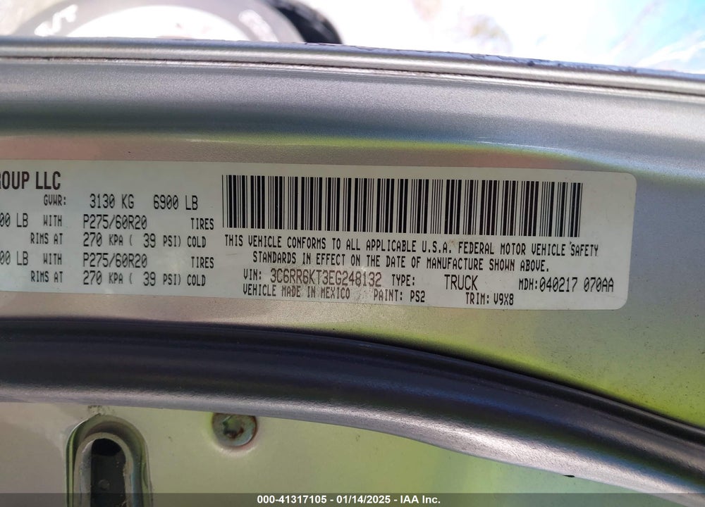 2014 RAM 1500 VIN: 3C6RR6KT3EG248132