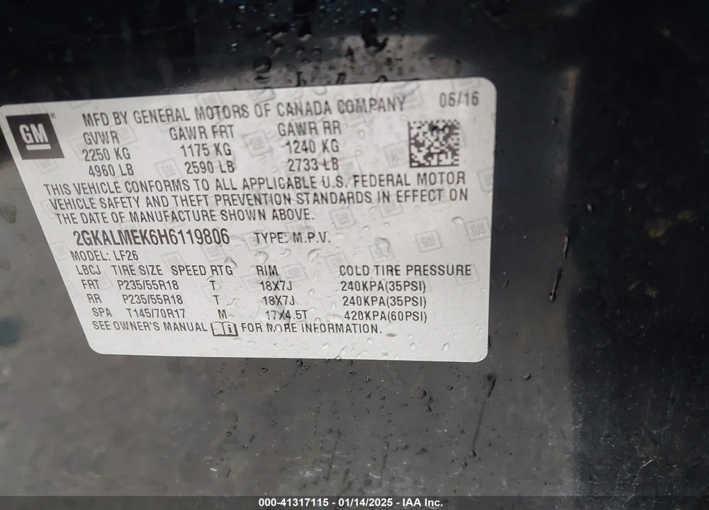 2017 GMC TERRAIN SLE-1 VIN: 2GKALMEK6H6119806