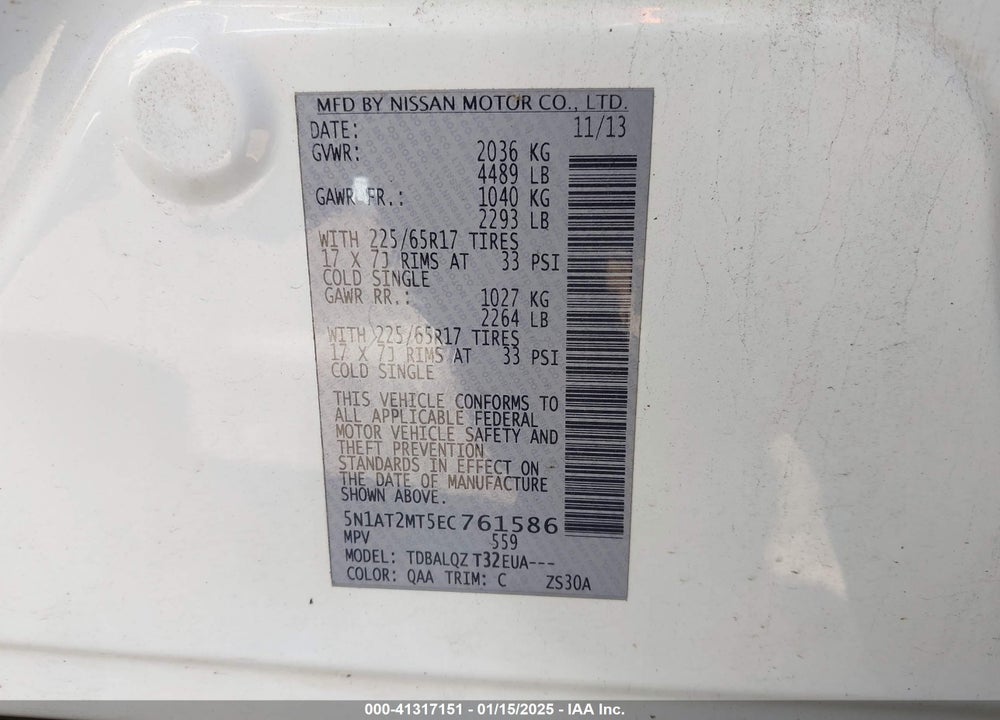 2014 NISSAN ROGUE SV VIN: 5N1AT2MT5EC761586