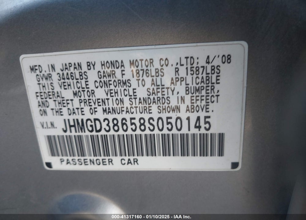 2008 HONDA FIT SPORT VIN: JHMGD38658S050145