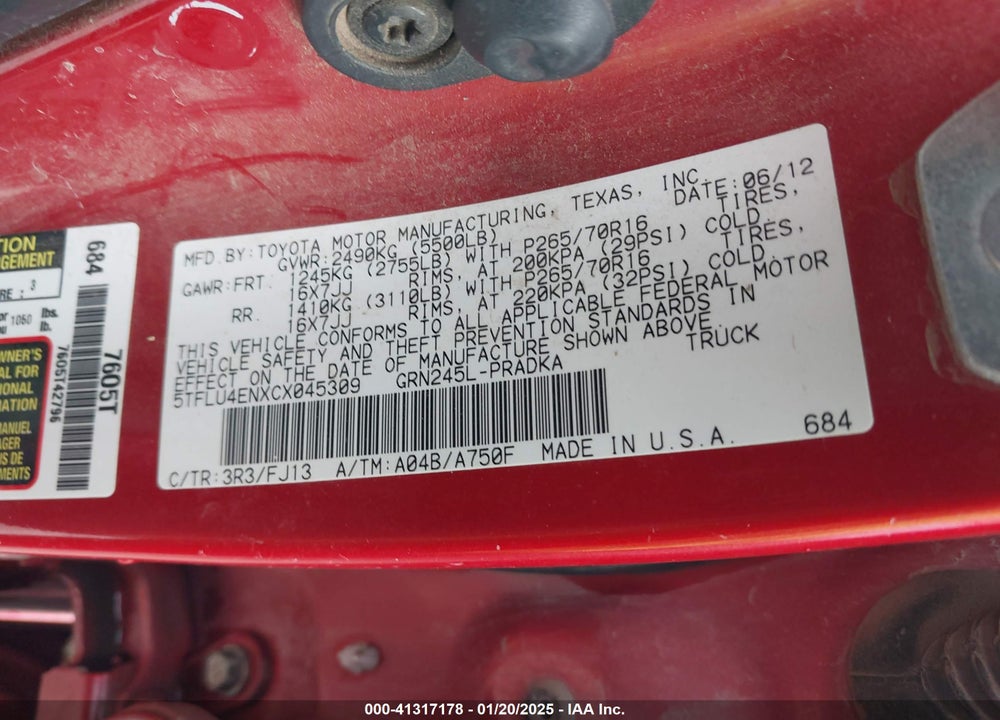 2012 TOYOTA TACOMA VIN: 5TFLU4ENXCX045309