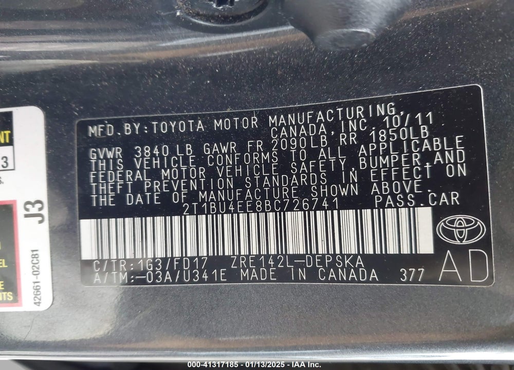 2011 TOYOTA COROLLA S VIN: 2T1BU4EE8BC726741