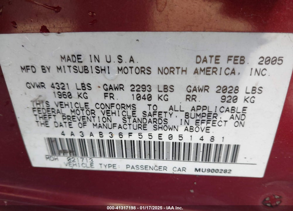 2005 MITSUBISHI GALANT ES/SE VIN: 4A3AB36F55E051481