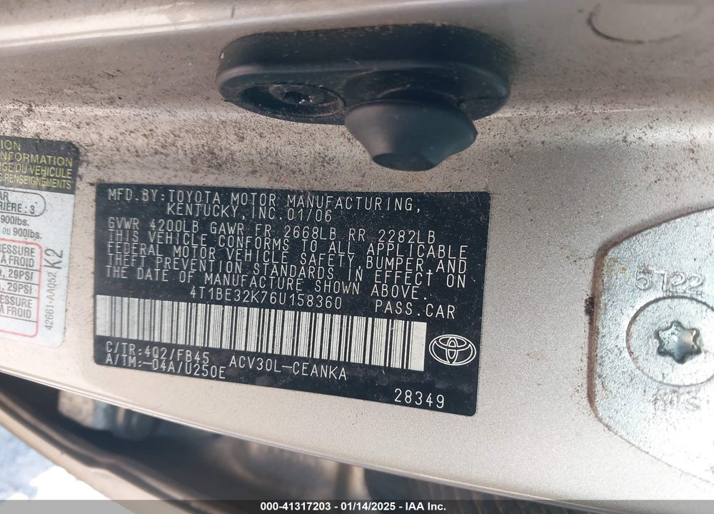2006 TOYOTA CAMRY VIN: 4T1BE32K76U158360