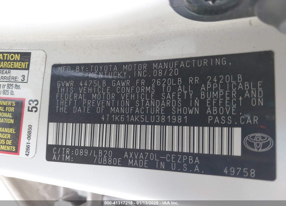 2020 TOYOTA CAMRY VIN: 4T1K61AK5LU381981