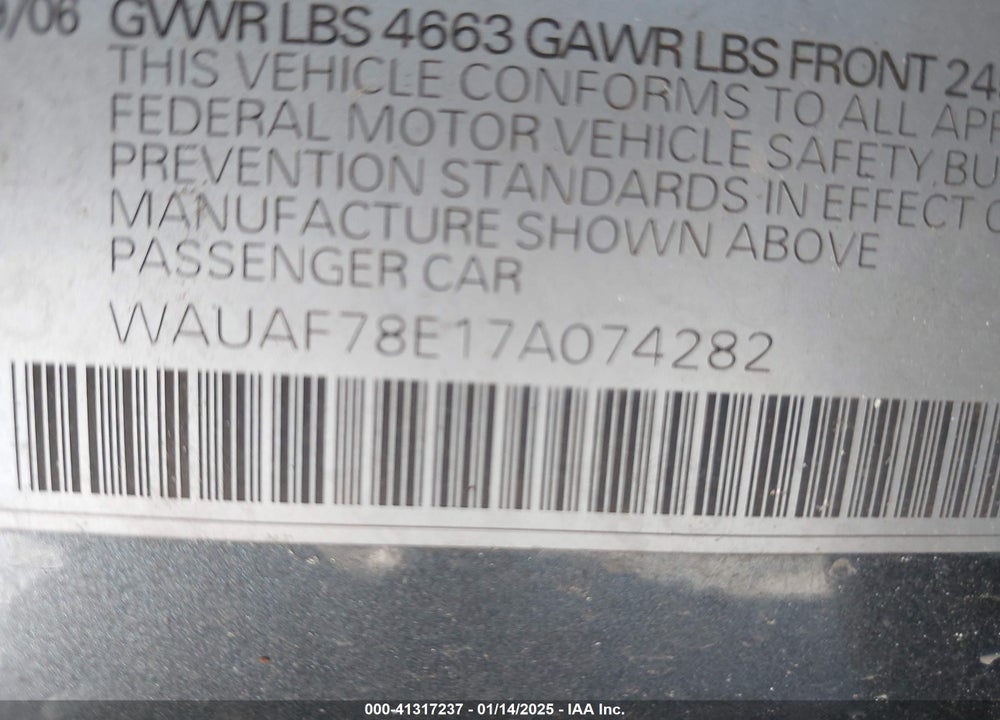 2007 AUDI A4 VIN: WAUAF78E17A074282