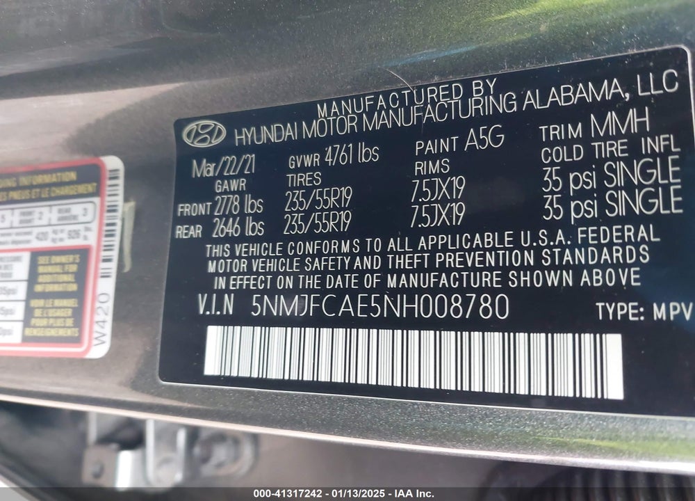 2022 HYUNDAI TUCSON SEL VIN: 5NMJFCAE5NH008780