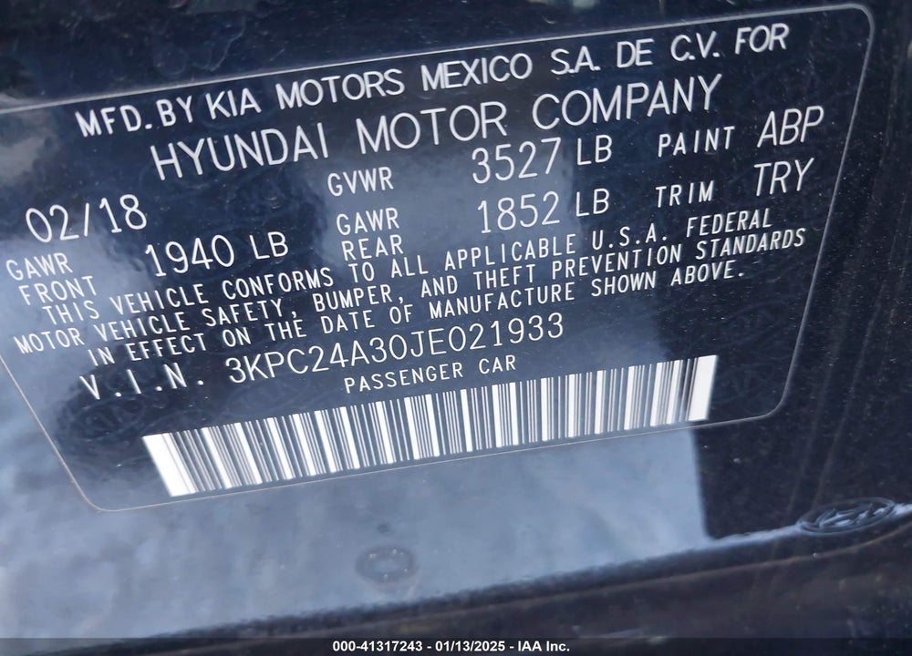 2018 HYUNDAI ACCENT VIN: 3KPC24A30JE021933