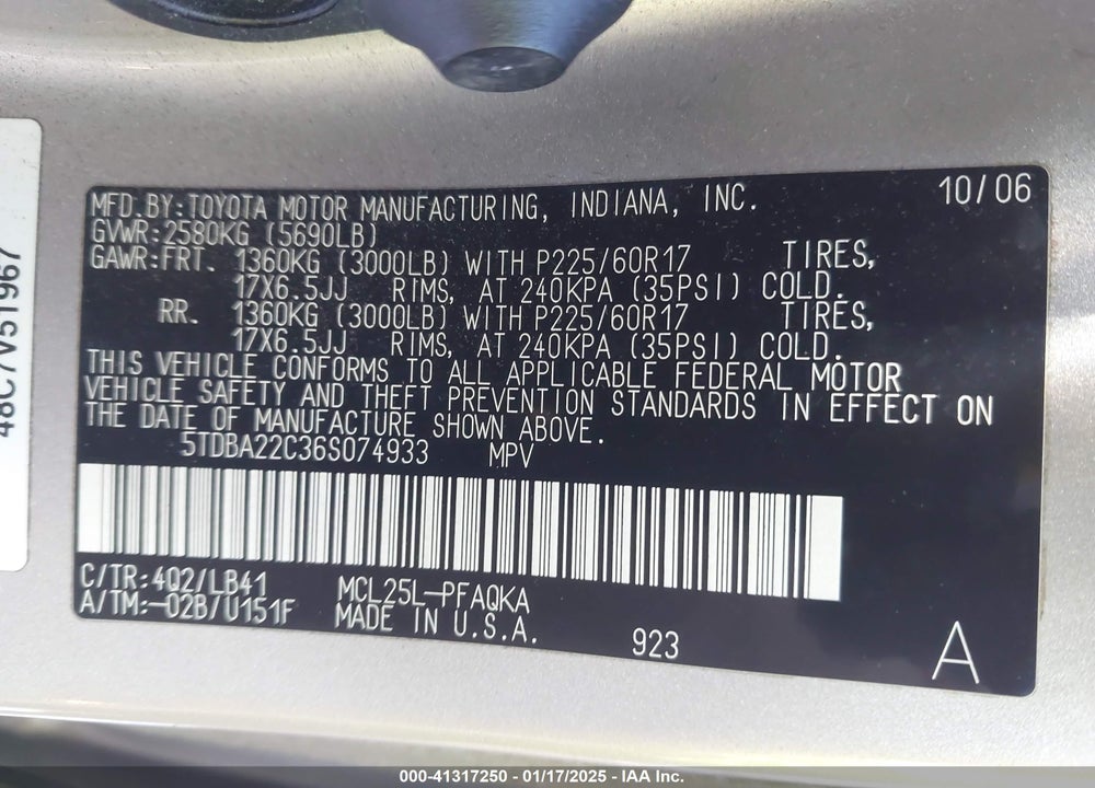 2006 TOYOTA SIENNA XLE LIMITED VIN: 5TDBA22C36S074933