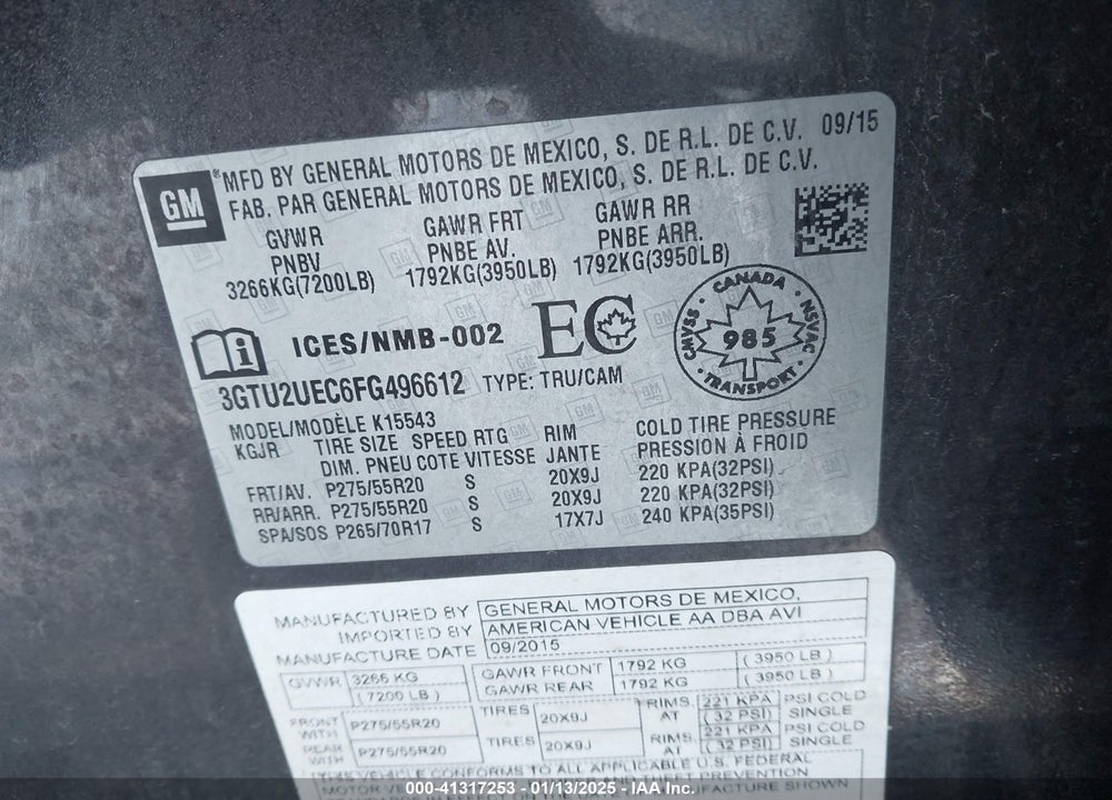2015 GMC SIERRA 1500 VIN: 3GTU2UEC6FG496612