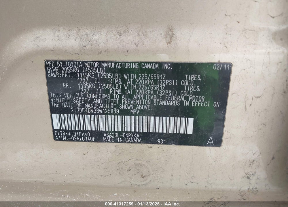 2011 TOYOTA RAV4 VIN: 2T3BF4DV3BW125819