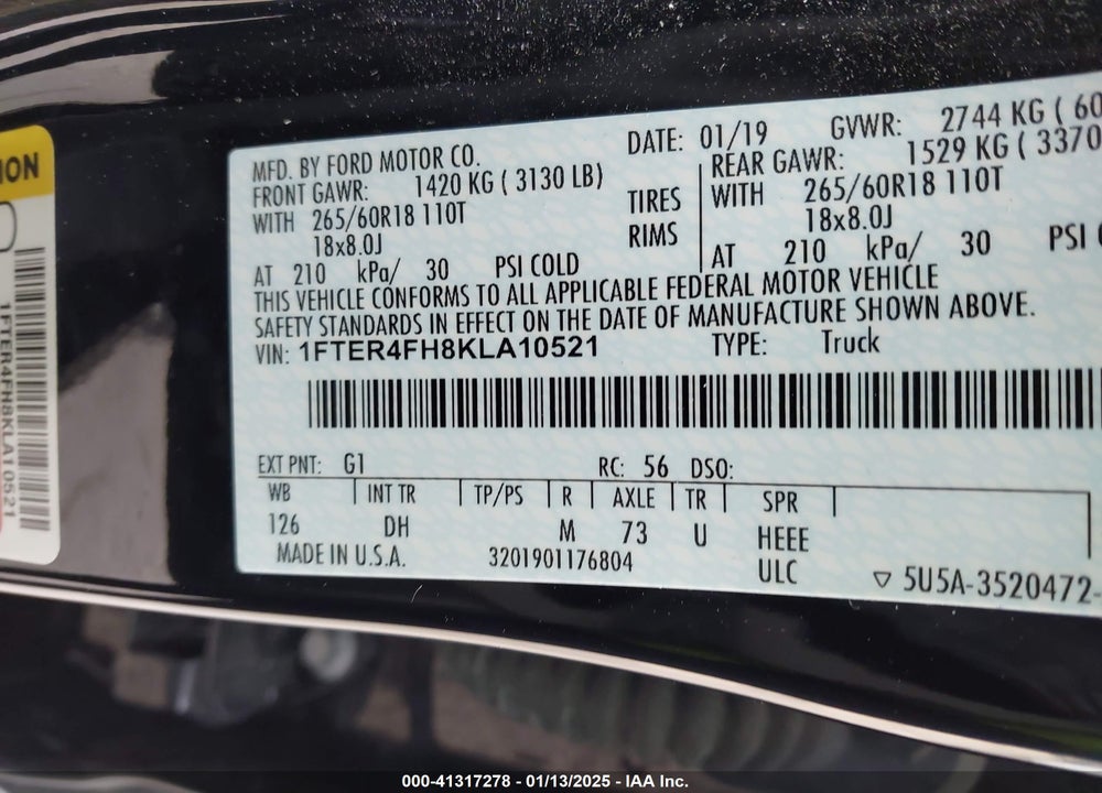 2019 FORD RANGER LARIAT VIN: 1FTER4FH8KLA10521
