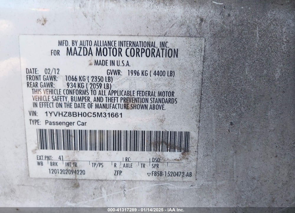 2012 MAZDA 6 VIN: 1YVHZ8BH0C5M31661