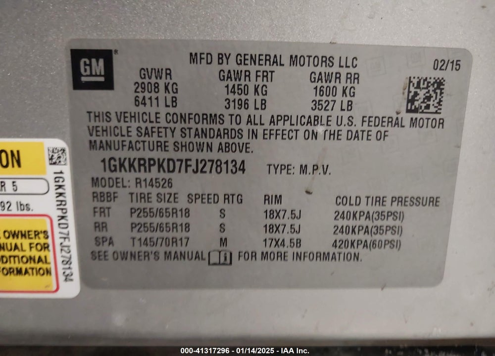2015 GMC ACADIA SLE-2 VIN: 1GKKRPKD7FJ278134