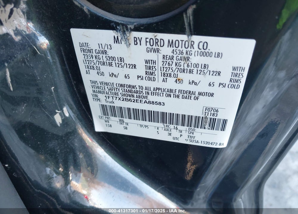 2014 FORD F-250 LARIAT VIN: 1FT7X2B62EEA88583
