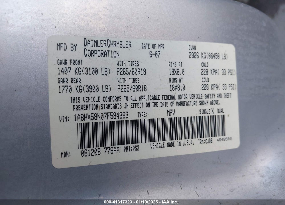 2007 CHRYSLER ASPEN LIMITED VIN: 1A8HX58N07F584363