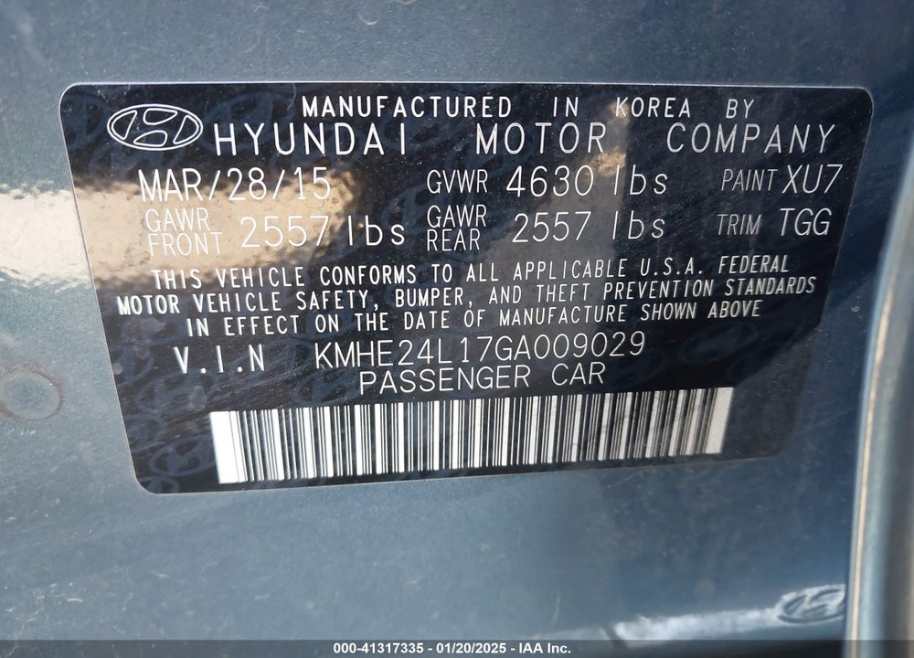 2016 HYUNDAI SONATA HYBRID VIN: KMHE24L17GA009029