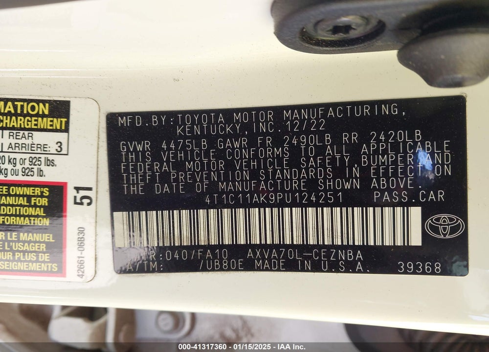 2023 TOYOTA CAMRY VIN: 4T1C11AK9PU124251