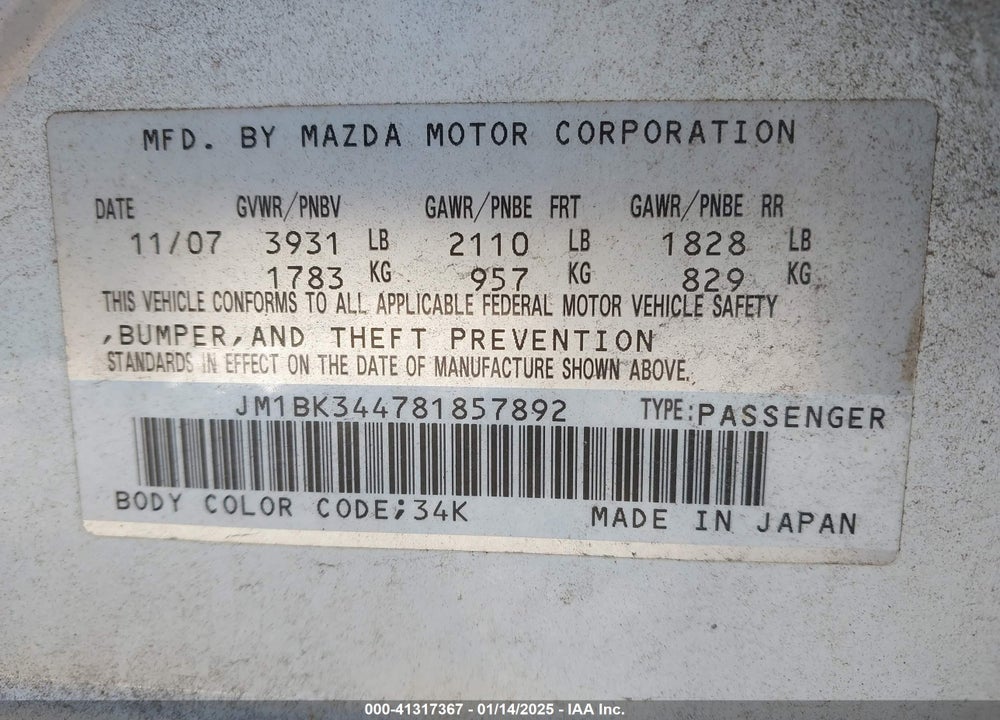 2008 MAZDA MAZDA3 VIN: JM1BK344781857892