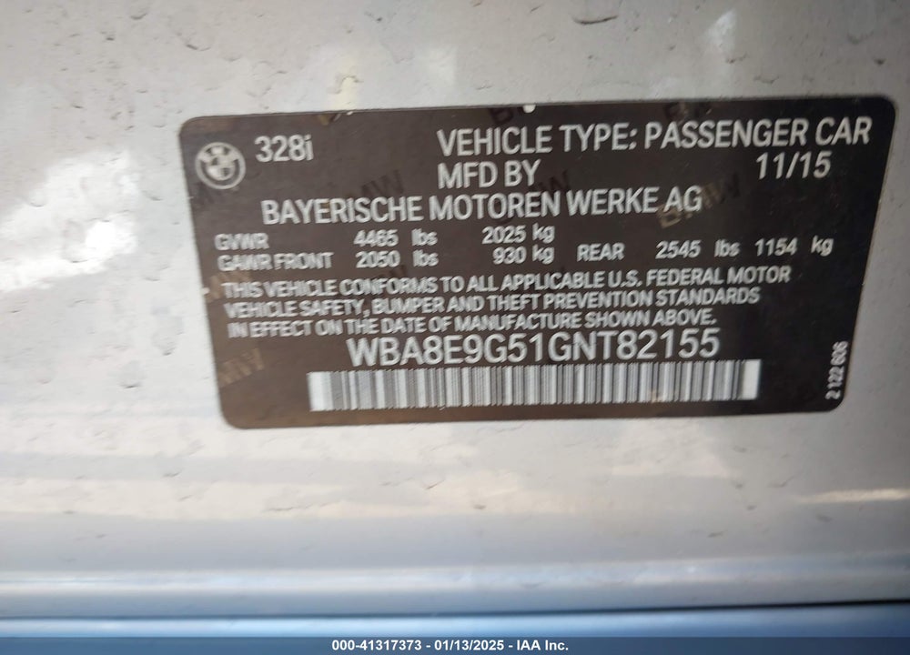 2016 BMW 328I VIN: WBA8E9G51GNT82155