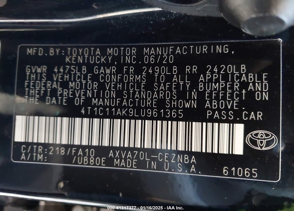 2020 TOYOTA CAMRY VIN: 4T1C11AK9LU961365
