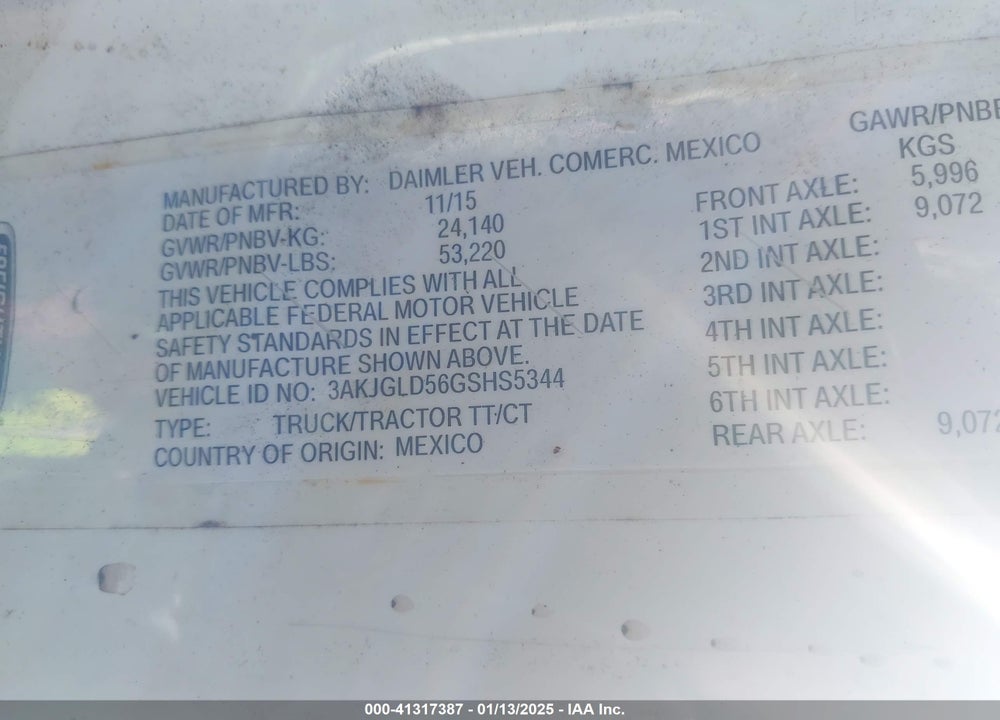2016 FREIGHTLINER CASCADIA 125 VIN: 3AKJGLD56GSHS5344