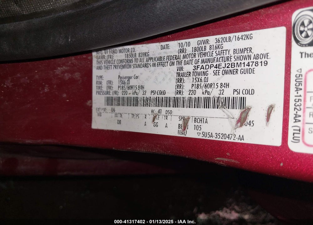 2011 FORD FIESTA SE VIN: 3FADP4EJ2BM147819