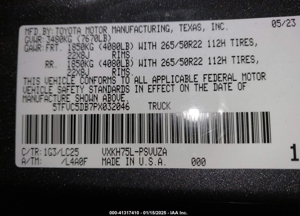 2023 TOYOTA TUNDRA HYBRID VIN: 5TFVC5DB7PX032046