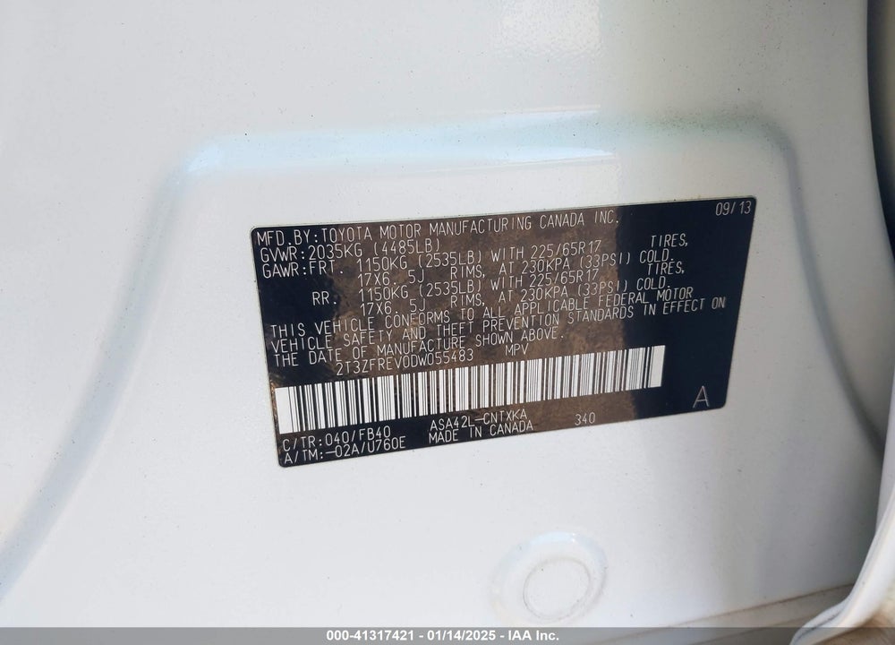 2013 TOYOTA RAV4 VIN: 2T3ZFREV0DW055483
