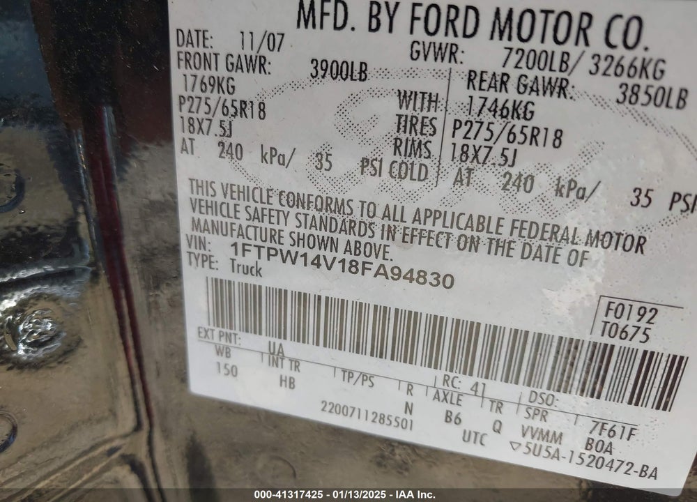 2008 FORD F-150 LARIAT VIN: 1FTPW14V18FA94830