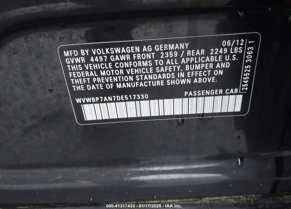 2013 VOLKSWAGEN CC VIN: WVWBP7AN7DE517330