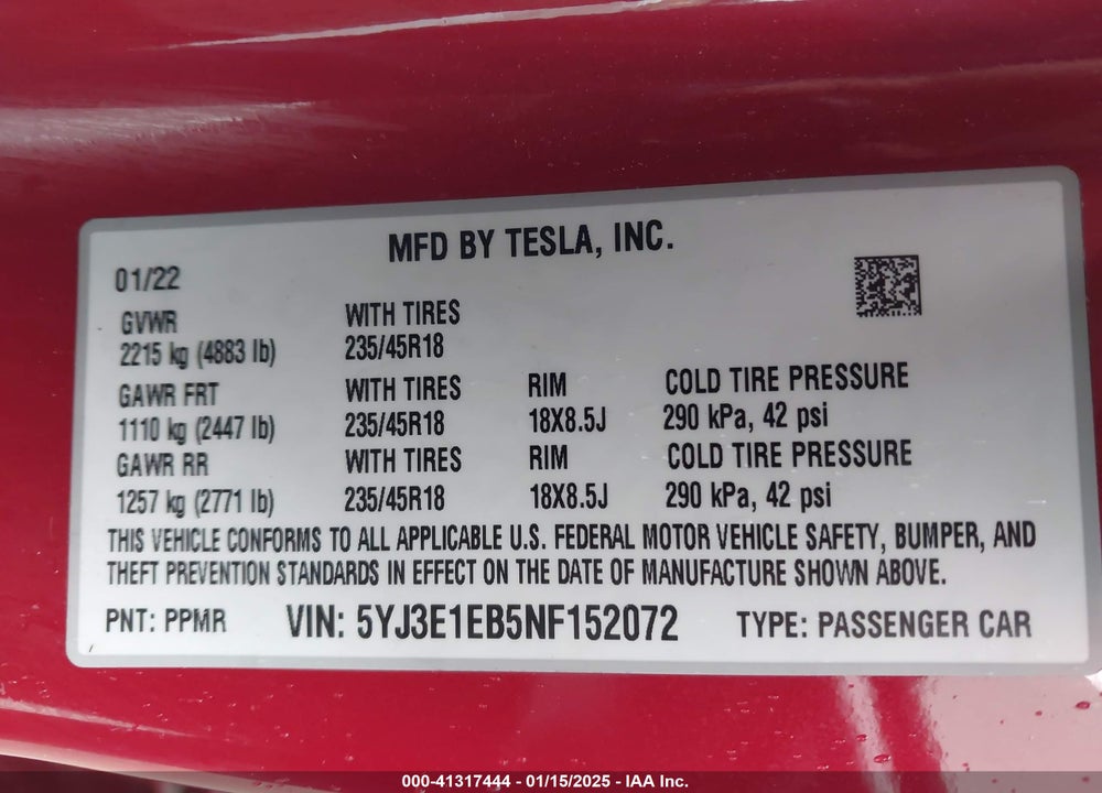 2022 TESLA MODEL 3 VIN: 5YJ3E1EB5NF152072