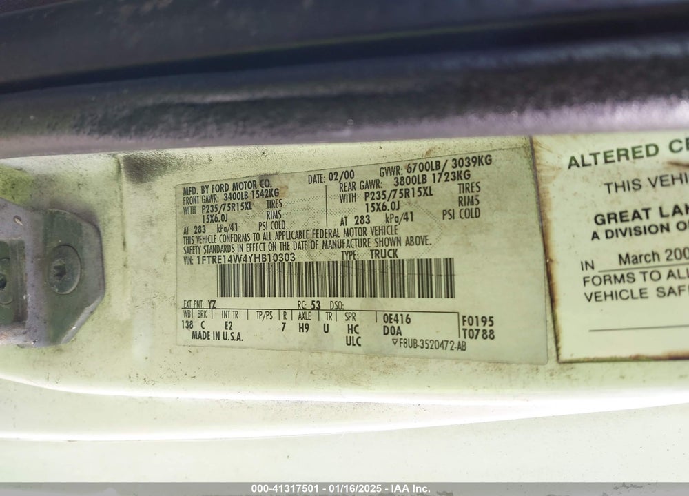 2000 FORD E-150 COMMERCIAL/RECREATIONAL VIN: 1FTRE14W4YHB10303
