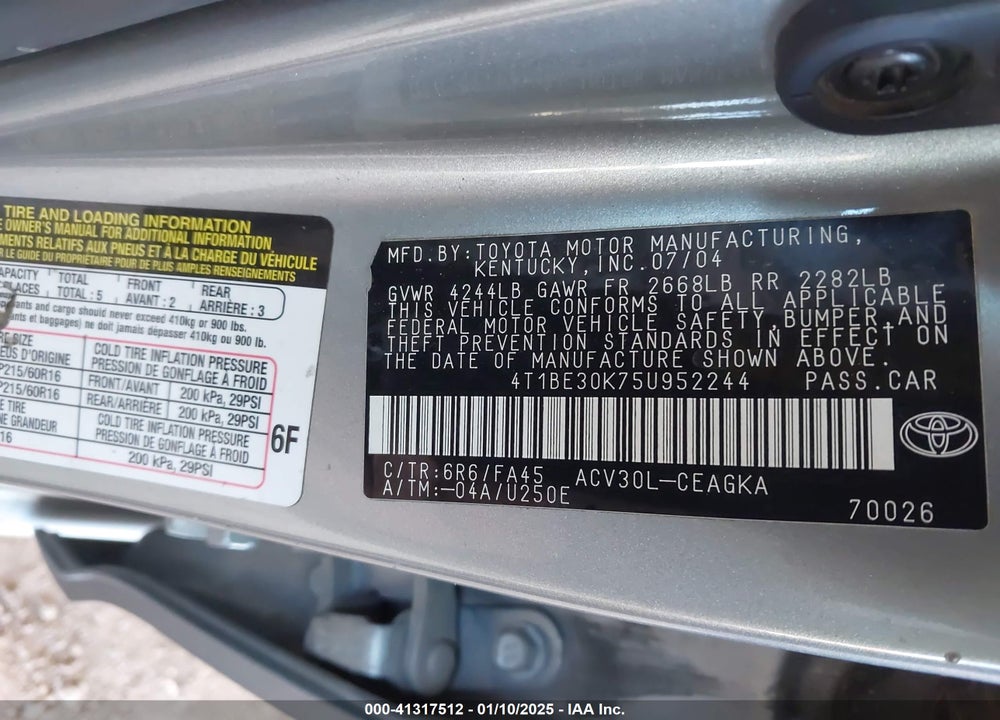 2005 TOYOTA CAMRY XLE VIN: 4T1BE30K75U952244