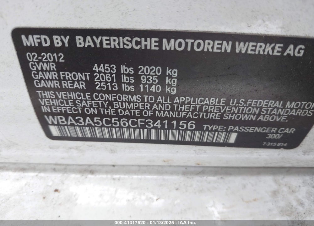 2012 BMW 328 VIN: WBA3A5C56CF341156