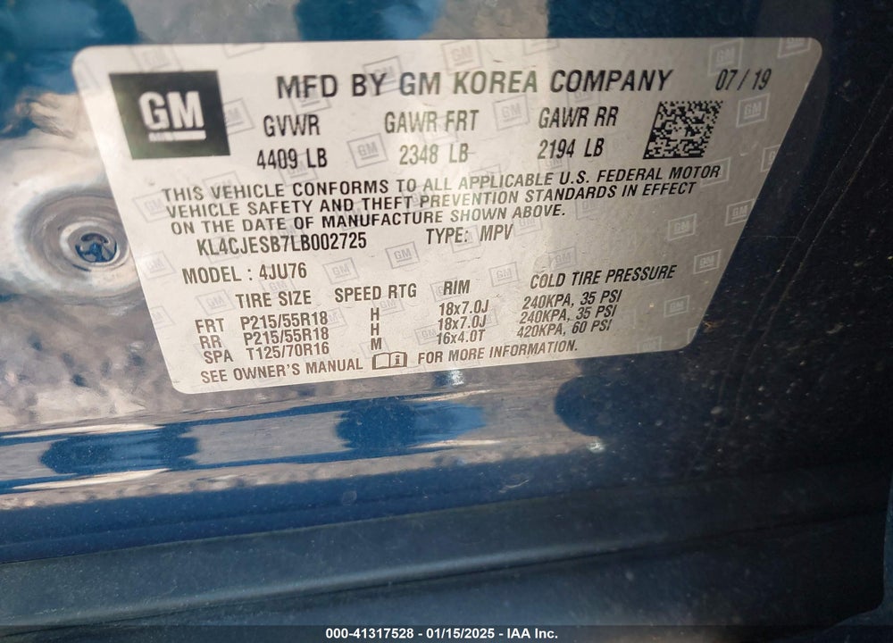 2020 BUICK ENCORE VIN: KL4CJESB7LB002725