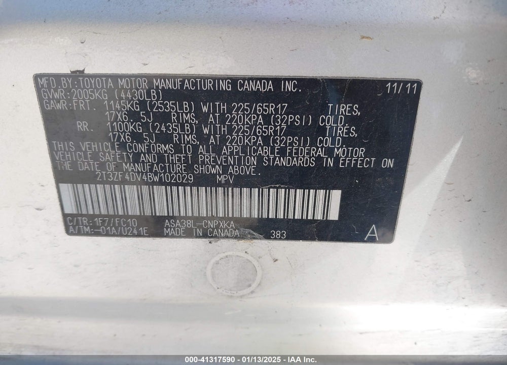 2011 TOYOTA RAV4 VIN: 2T3ZF4DV4BW102029
