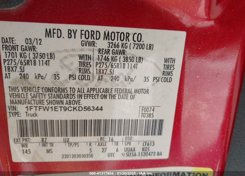 2012 FORD F-150 VIN: 1FTFW1ET9CKD56344